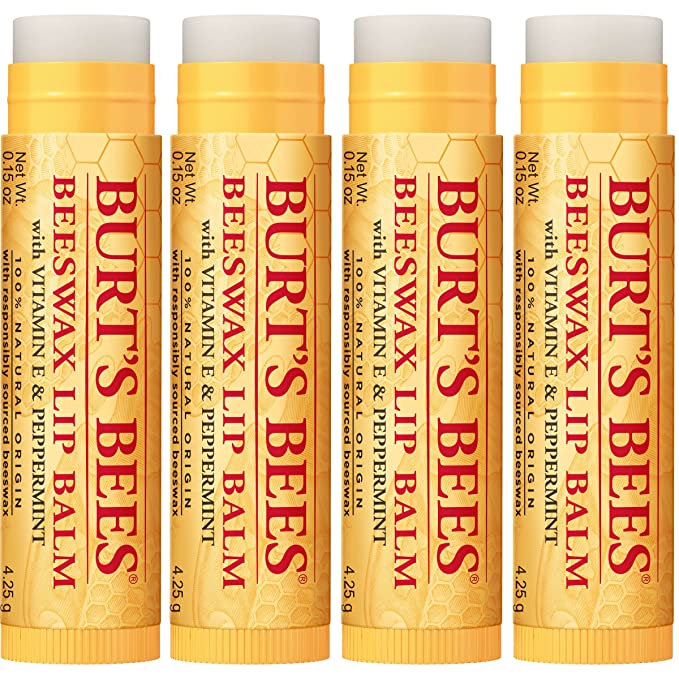 Burt's Bees 100% Natural Moisturizing Lip Balm with Beeswax, Vitamin E &  Peppermint Oil, 4 Count 